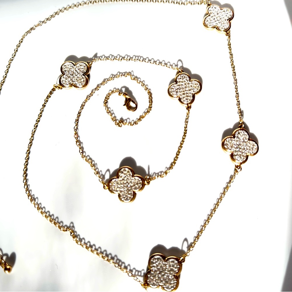 36” Long Pave Set Rhinestones in Faux Gold Clovers (6) Necklace